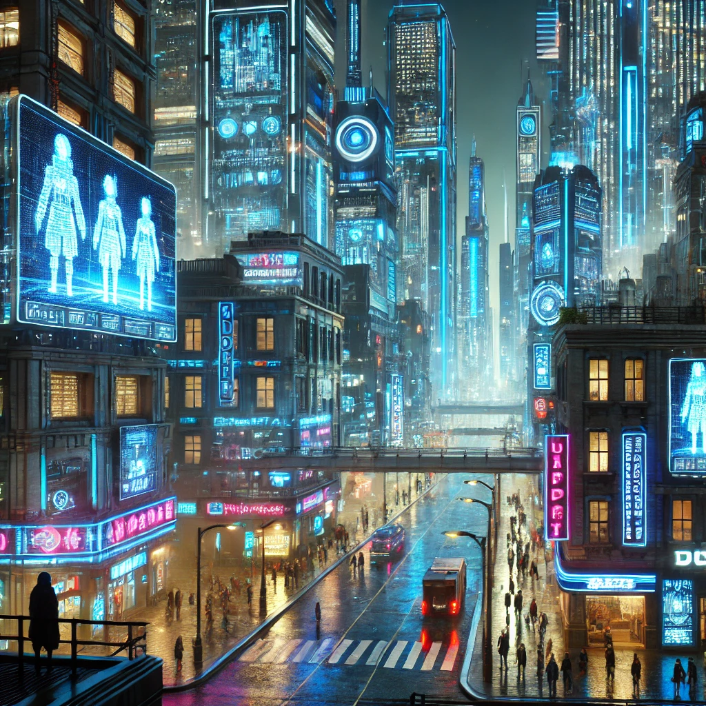 DALL·E 2025-02-13 13.47.18 - A futuristic cyberpunk city at night, glowing with neon blue lights. Towering skyscrapers with digital billboards and holographic projections fill the