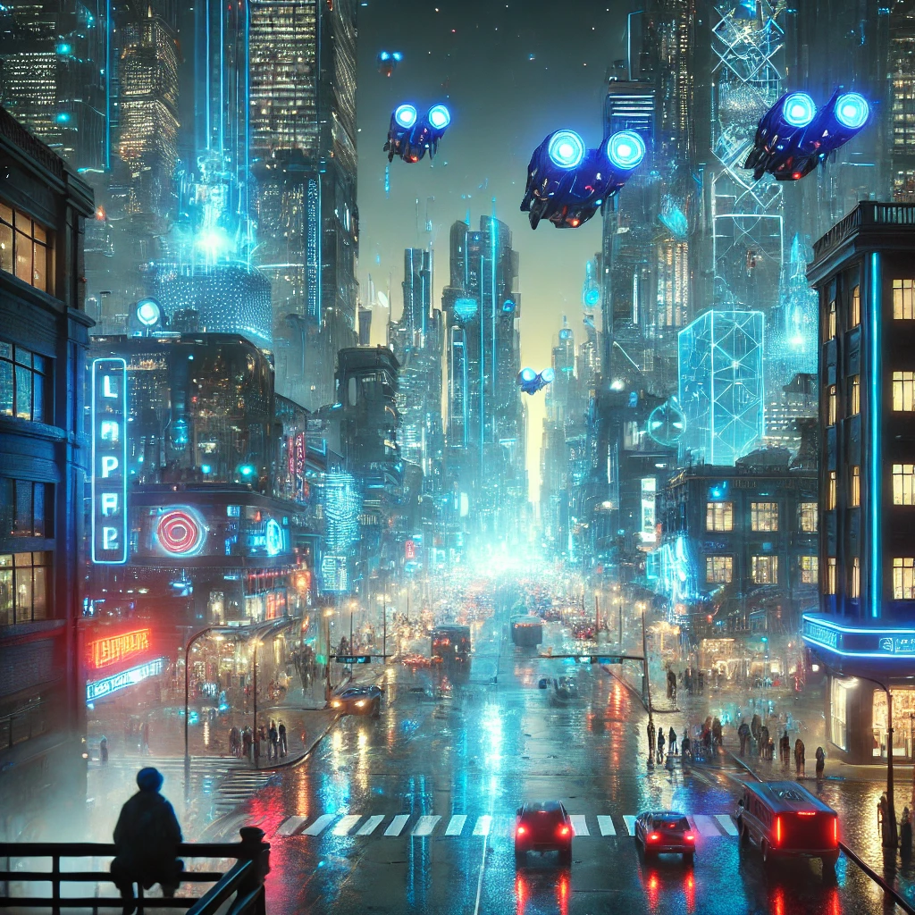 DALL·E 2025-02-13 13.47.20 - A futuristic cyberpunk cityscape at night, illuminated by neon blue lights. The city is filled with towering skyscrapers, flying vehicles, and glowing