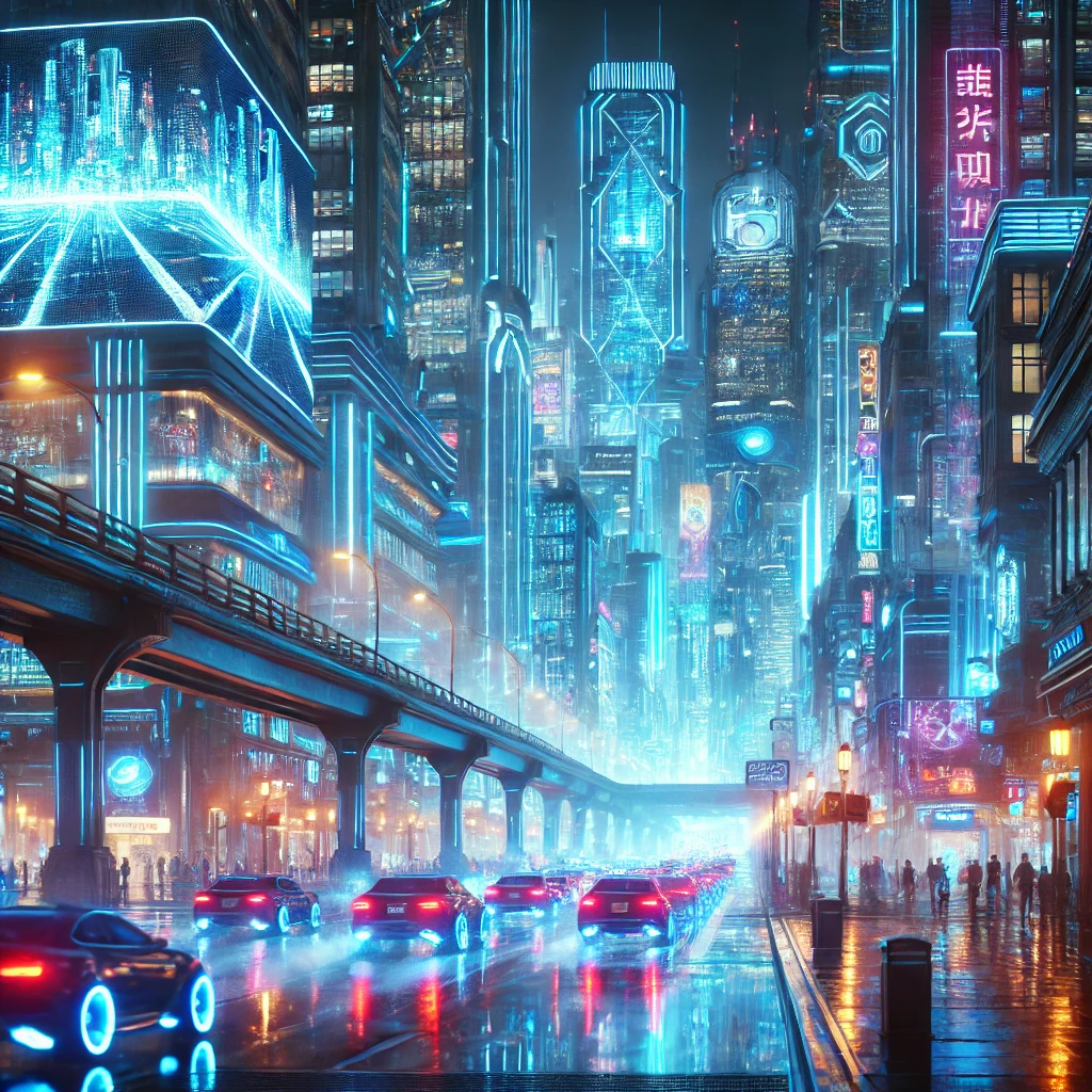 DALL·E 2025-02-13 13.47.10 - A futuristic cyberpunk city at night, illuminated by neon blue lights. The city is filled with towering skyscrapers, holographic billboards, and bustl